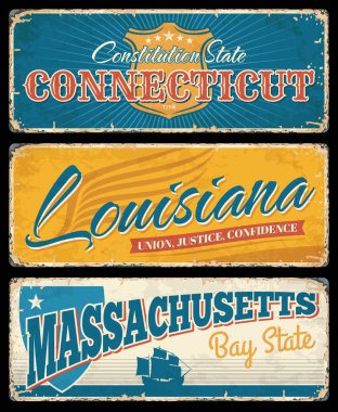ABD 'nin Connecticut, Louisiana ve Massachusetts eyaletleri Amerikan seyahat ve turizminin grunge işaretleri. Anayasa, körfez ve pelikan devletleri kraliyet kalkanı, kanadı, gemisi olan klasik plakalar.