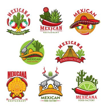 Mexican restaurant vector icons, cartoon emblems with traditional symbols of Mexico. Cacti, jalapeno chili peppers and sombrero, aztec idol and pyramis, steaming guns, lime slice and maracas signs set clipart
