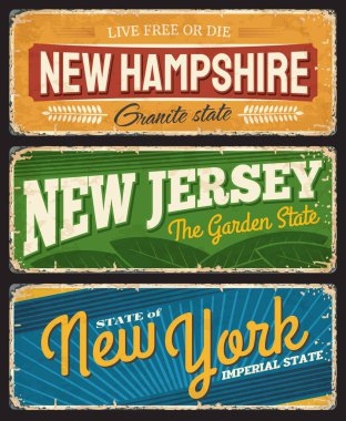 Eski pankartlar New Hampshire, New Jersey ve New York Amerikan eyaletleri, seyahat yeri için vektör işareti, eski grunge tahtaları, tipografili antika yıpranmış panolar, turistik plaklar