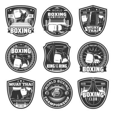 Boks ve muay thai tek dövüş vektör simgeleri. Tayland dövüş sporları, dövüş sporları, Muay Thai boksörler kulübü veya eğitim merkezi. Şampiyonluk kemeri, boks eldivenleri, kum torbası tabelaları.