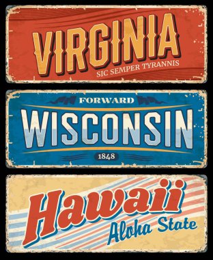 ABD, Hawaii, Virginia ve Wisconsin 'in grunge vektör işaretleri, Amerikan seyahat veya turizm tasarımı. Aloha, Sic Semper Tyrannis ve Forward State harfleriyle eski plakalar ve retro kartpostallar.