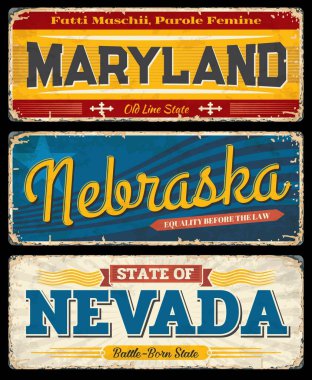 ABD Maryland, Nebraska ve Nevada vintage vektör işaretleri. Amerikan devletleri seyahat ve turizm, eski hat, savaş doğumlu ve mısır kabuğu devletleri, eski grunge tebrik pankartları ve kartpostal tasarımı