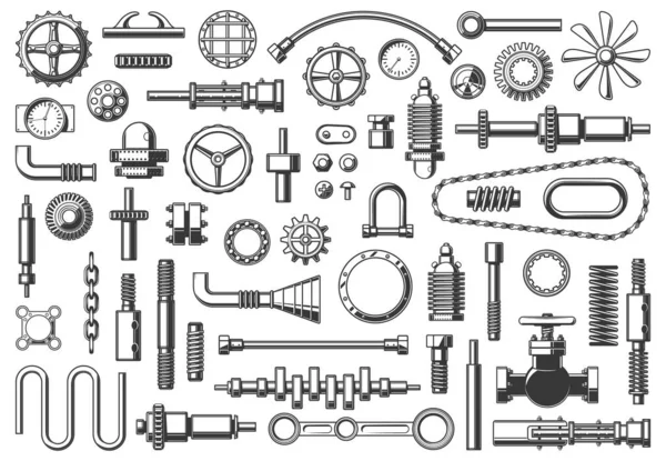 Machine Parts Vector Icons Chain Pipe Coupling Gear Pinion Monochrome — Stock Vector