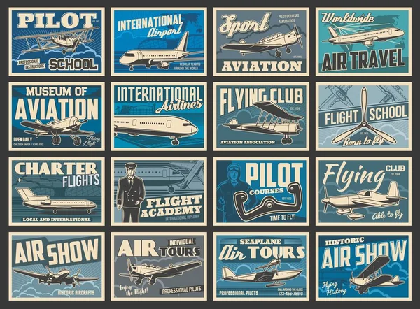 Planes Flying Aircraft Flight Aviation Academy Vintage Retro Vector Posters — Stock Vector