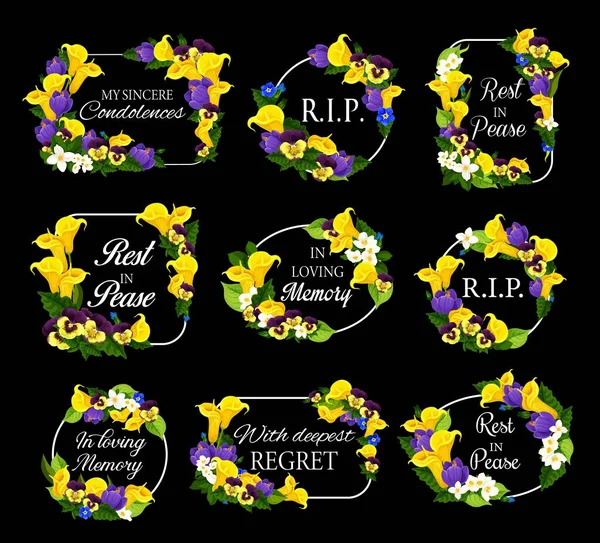 春の花のリースと葬儀フレーム 黄色のカラユリ パンジーとジャスミンの花 クロッカス ブルービオラやゼラニウムと葬儀ベクトルカードの装飾 葬儀のお悔やみ 追悼の花のフレーム — ストックベクタ