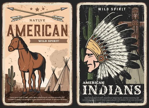 Nativos Americanos Indios Espíritu Retro Carteles Pancartas Gruñonas Flechas Arco — Vector de stock