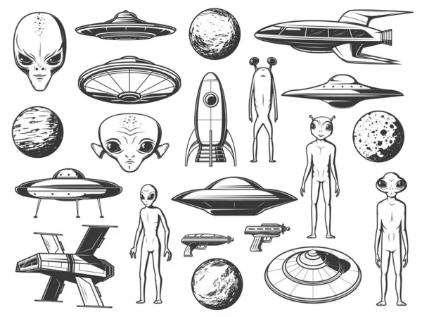 外星人 外星宇宙飞船和行星雕刻的图标设置 异形生命体 人形生物 大脑袋大眼睛 奇异的星舰 飞碟和火箭 飞弹手枪矢量 — 图库矢量图片