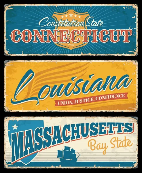 Estados Unidos Connecticut Louisiana Massachusetts Grunge Signos Vector Viajes Turismo — Vector de stock