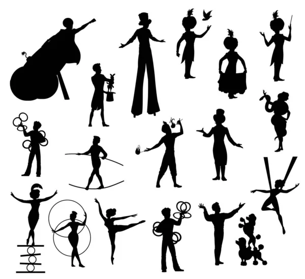 Artistes Cirque Silhouettes Noires Carnaval Top Tentes Artistes Vecteurs Clown — Image vectorielle