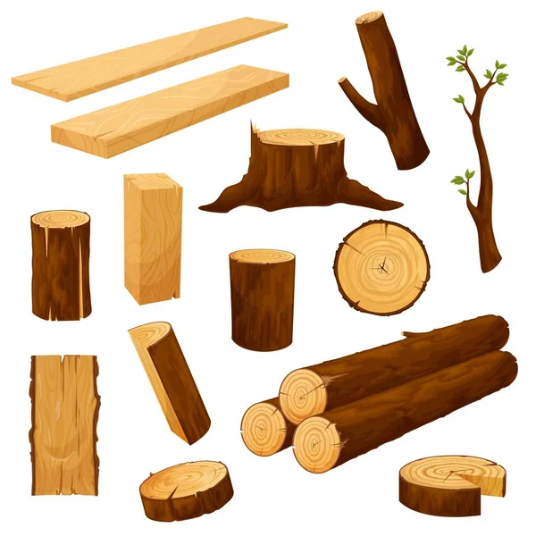 木材材料和木制原木 木制木板 横梁和木坯 树枝与树叶和木片切碎 木片卡通病媒 天然木料 木料套 — 图库矢量图片