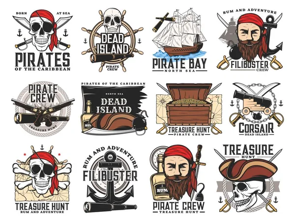 Pirates Island Skattjakt Äventyr Och Filibuster Besättningsemblem Piratskägg Ansikte Och — Stock vektor