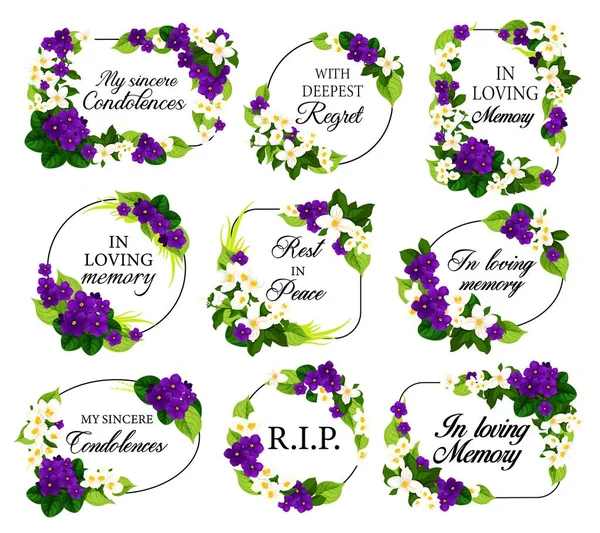 喪白と紫の花と葬儀ベクトルフレーム 誠心誠意お悔やみ 深い後悔タイポグラフィの残りの部分 葬送楕円形 丸みを帯びた長方形の花との境界線 — ストックベクタ
