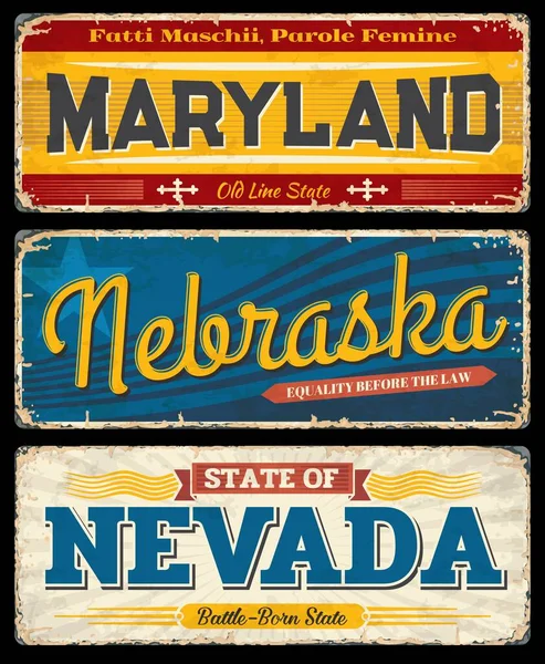 Usa Maryland Nebraska Nevada Vintage Vectorborden Amerikaanse Staten Reizen Toeristische — Stockvector