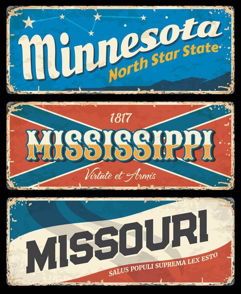 Mississippi, Minnesota and Missouri vintage signs with vector USA state symbols of American travel and tourism design. North star, magnolia and show me state old grunge flags and stellar constellation