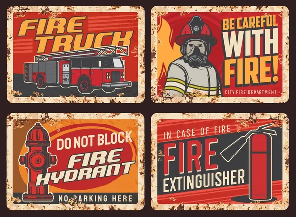 Señal Advertencia Seguridad Contra Incendios Placa Metálica Oxidada Con Camión — Archivo Imágenes Vectoriales