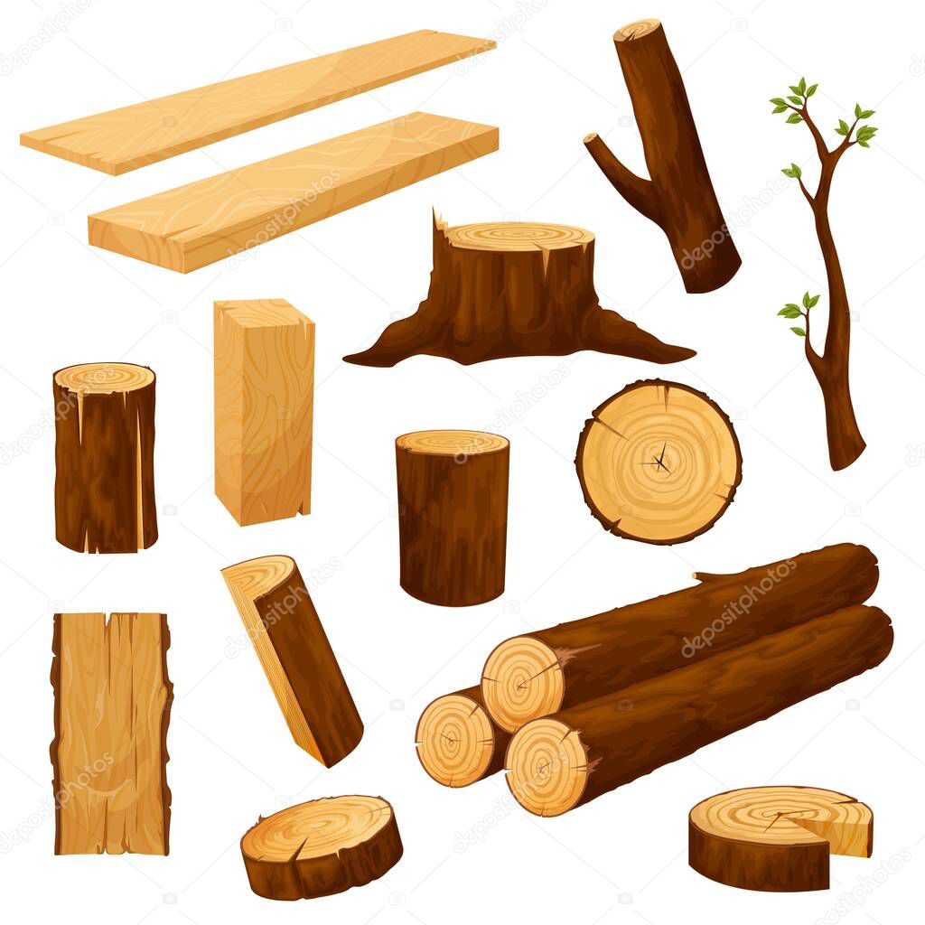 Tree stump, timber materials and wooden logs. Wooden plank, beam and billet, tree branch with leaves and cutted wood piece, firewood chunk cartoon vector. Natural lumber, carpentry materials set