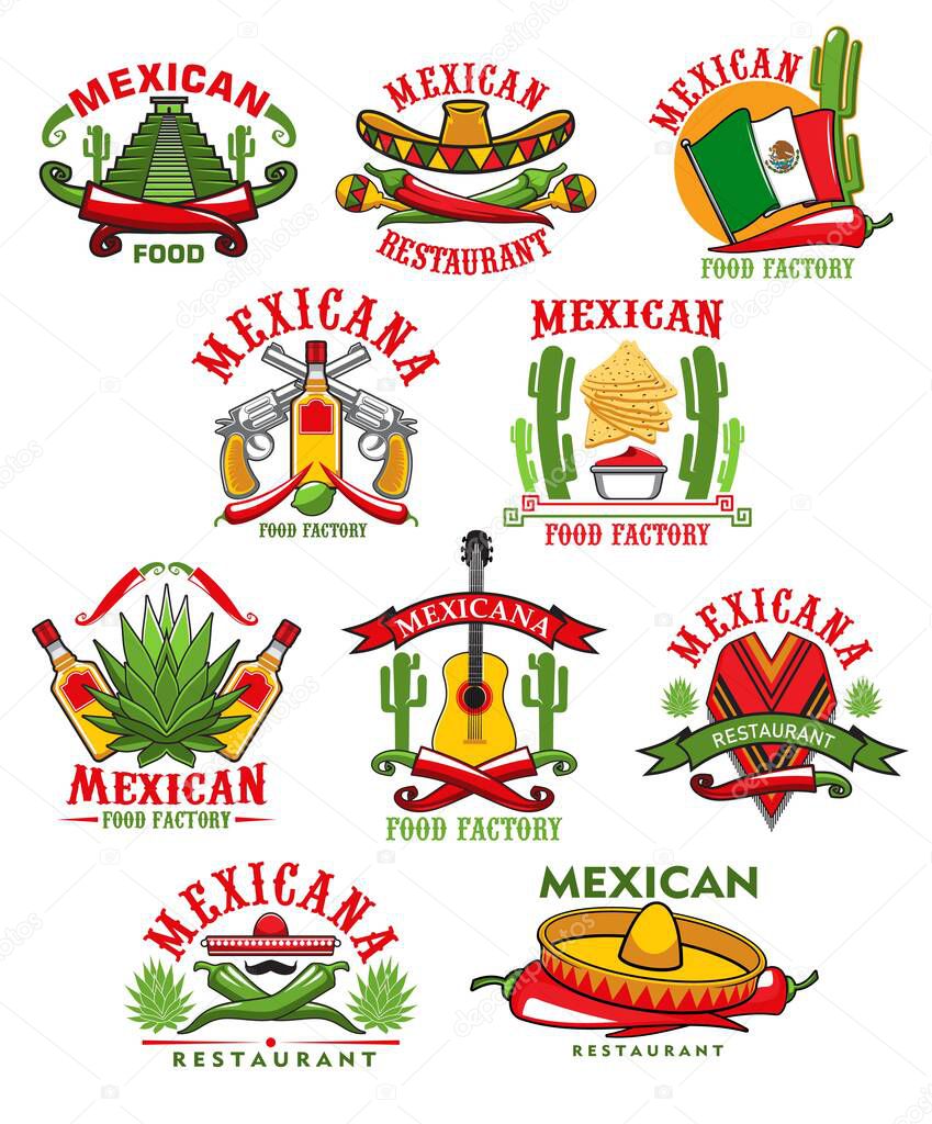 Mexican restaurant vector icons, cartoon emblems with traditional symbols of Mexico. Cacti, jalapeno chili peppers and sombrero, guitar, aztec pyramid, poncho and guns, lime, agave and maracas set