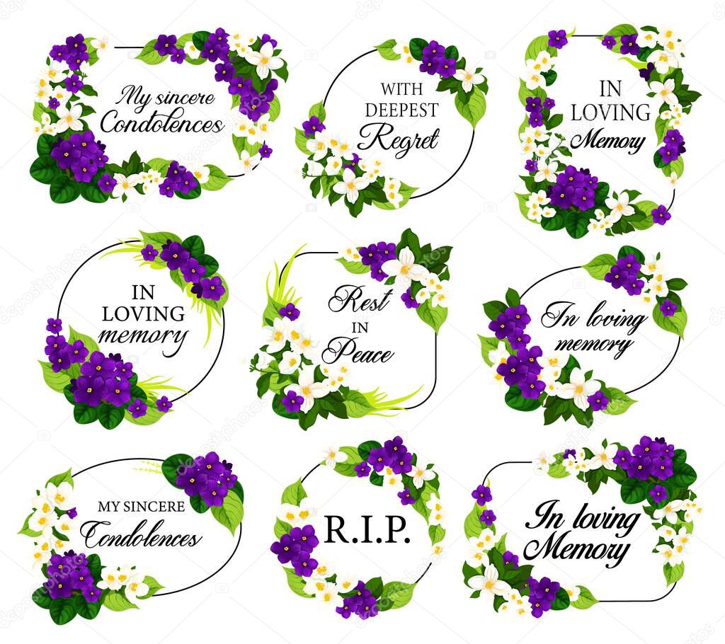 Funeral vector frames with mourning white and violet flowers, sincere condolence, rest in peace, deepest regret typography. Obituary mournful funereal oval, round and rectangular borders with blossoms