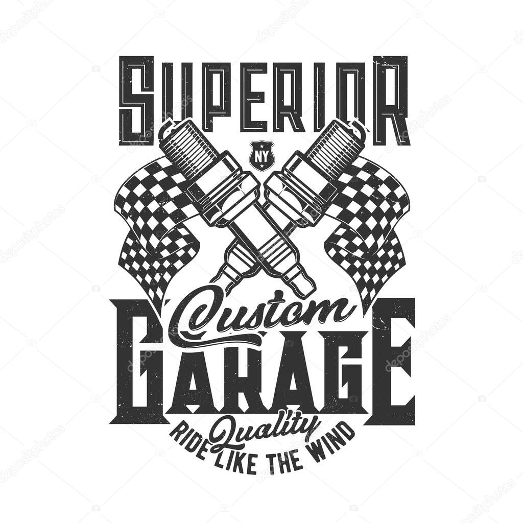 Garage, car and motorcycle custom motor races, vector icon with engine spark plug. Garage mechanic service vector emblem, racing moto and bike club, flags of start or finish, NY bikers club badge