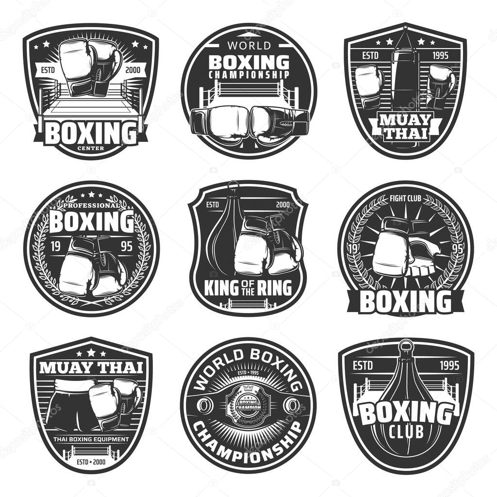 Boxing and muay thai single combats vector icons. Thailand kickboxing martial arts, fighting sport, muay thai boxers club or training center. Championship belt, boxing gloves, punching bag signs set