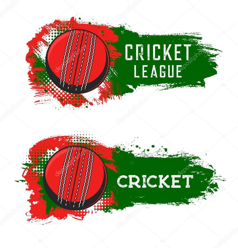 Cricket league, game or championship tournament vector icons. Flying ball on green grunge spot trace isolated on white background, sport league, team and fan club emblems with ball and grunge blob