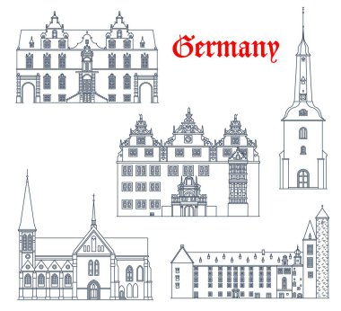 Almanya mimari, Almanya 'nın kuzeyinde Schleswig Holstein eyâletinde katedrallerin ve kiliselerin ikonları. Meldorf katedrali ve Glueckstadt kirche kilisesi, Muenden rathaus ve kale