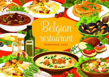 Belçika mutfağı yemekleri, vektör et yemekleri, sebze ve deniz ürünleri. Biftek yahnisi, karbonat, bira ekmeği ve midye, ton balığı salatası, waffle ve mantar kremalı çorba, kuşkonmaz ve omlet.