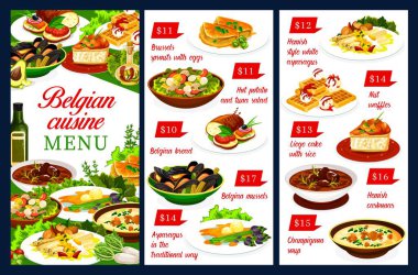 Belçika mutfağı menü şablonu et ve deniz ürünleri ile waffle tatlısı. Patates salatası, kuşkonmaz ve midye, sığır eti, karbonat, pirinç keki ve kremalı çorba.