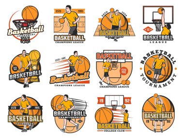 Basketbol turnuvası, kolej kulübü ya da lig şampiyonluğu ikonları seti. Kafkasyalı basketbolcu sahada top sürüyor, basket vektöründe smaç basıyor. Spor rekabeti retro amblemleri