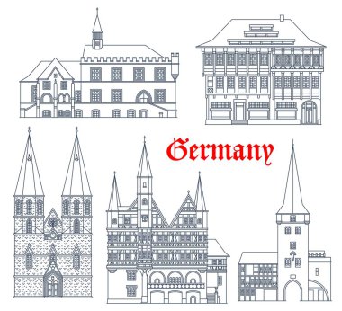 Alman Saksonya şehirlerinin mimarisi, binaları ve katedralleri, vektör ikonları Almanya 'nın simgesidir. St. Cyriacus Kilisesi, Duderstadt Westerturm, Gottingen Rathaus ve Einbeck 'teki Rats Apotheke Fachwerk Evi.