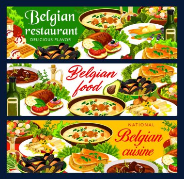 Belçika mutfağının et, deniz ürünleri ve sebze dolu servis tabakları. Patates tuna salatası, biftek birası karbonat, midye ve waffle, ekmek, pirinç keki ve mantar kreması çorbası.