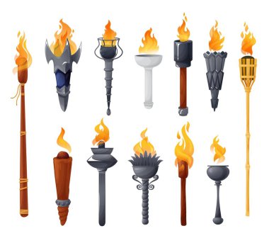 Medieval torches with burning fire vector set. Ancient metal and wooden brands of different shapes with flame. Cartoon elements for pc game, flaming torchlight or lighting flambeau isolated icons clipart