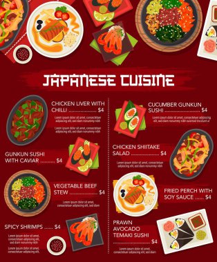 Japon mutfak vektör menüsü havyarlı gunkun suşi şablonu, sebze güveci, shiitake salatası, soya soslu kızarmış levrek. Acılı tavuk ciğeri, baharatlı karides ve avokado temaki suşisi.