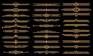 Art deco vektör elementleri bölücüler veya başlıklar. Dekoratif çizgi sınırları veya geometrik Victoria tarzı çerçeveler, zarif vintage tasarım, siyah arkaplanda izole edilmiş antika sınır sembolleri, simgeler