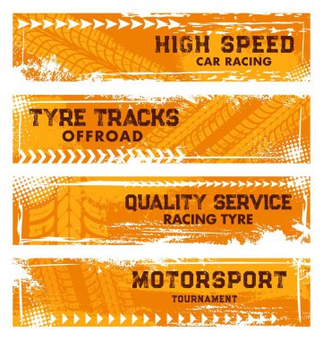 Lastik izleri, araba tekerlekleri, yol hız yarışları, vektör servis merkezi web pankartları. Motosiklet yarışı ya da off-road yarış otomobil servis merkezi, lastik izleri ve yarım ton sarı turuncu izler.