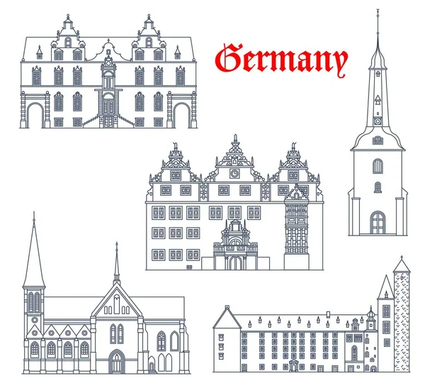 ドイツのランドマーク建築 シュレースヴィヒ ホルシュタイン州の大聖堂や教会の建物のドイツの都市ベクトルアイコン メルドルフ大聖堂とグルエクシュタット教会 ムエンデン ラータウスと城 — ストックベクタ