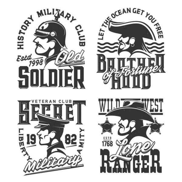 Camisetas Estampadas Con Soldados Piratas Guerreros Del Oeste Salvaje Vector — Vector de stock