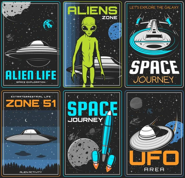 Alien Zone Ufo Space Trip Retro Posters 문명의 생명체 우주선 — 스톡 벡터