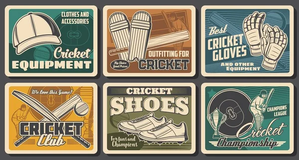 Affiches Rétro Sport Cricket Chauves Souris Balle Joueur Cricket Casque — Image vectorielle