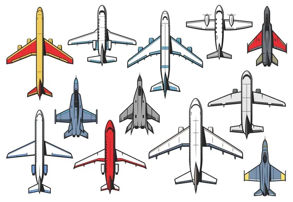 Repülőgépek Repülőgépek Ikonok Légi Járművek Retro Modern Vektor Felülnézet Polgári — Stock Vector