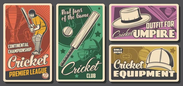 Kriketový Klub Sportovní Mistrovství Plakáty Retro Vektorový Tým Hráčů Zápas — Stockový vektor