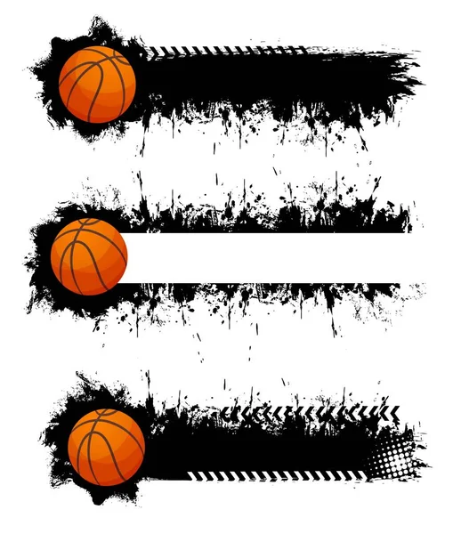 Basketball ball with grunge strokes vector icons, sports accessory on white background. Equipment for playing game, championship or tournament competition. Cartoon grungy design isolated elements set