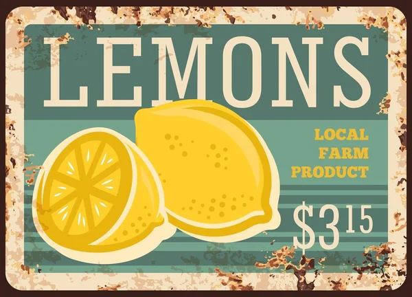 Lemons Local Farm Rusty Metal Plate Full Sliced Half Ripe — Stock Vector