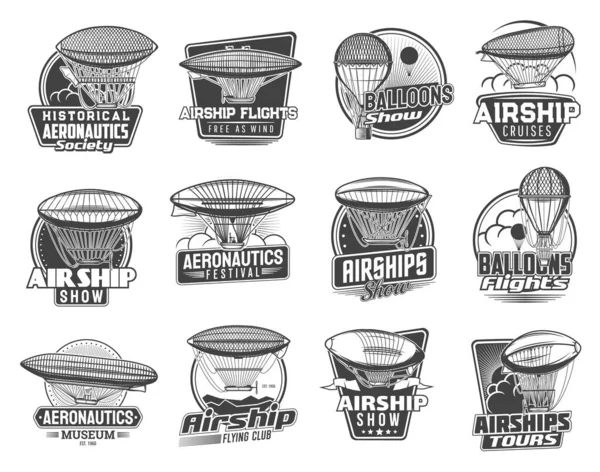 Dirigible Airships Balloons Vector Icons Zeppelin Vintage Air Transportation Historical — Stock Vector