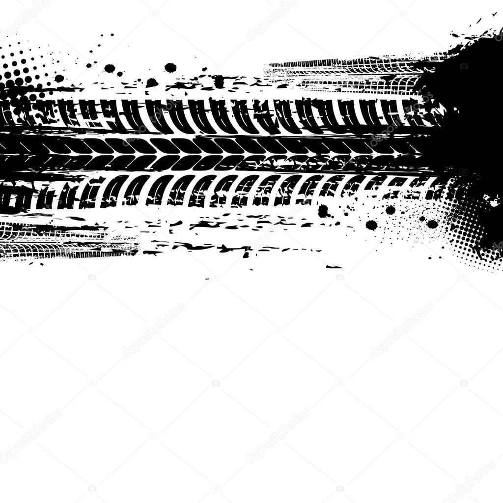 Tracks of tyre, tire print traces and bike drift treads, vector dirt wheels background. Car races, motorcycle or tractor truck tracks with halftone grunge,pattern, bicycle dirty marks on road mud