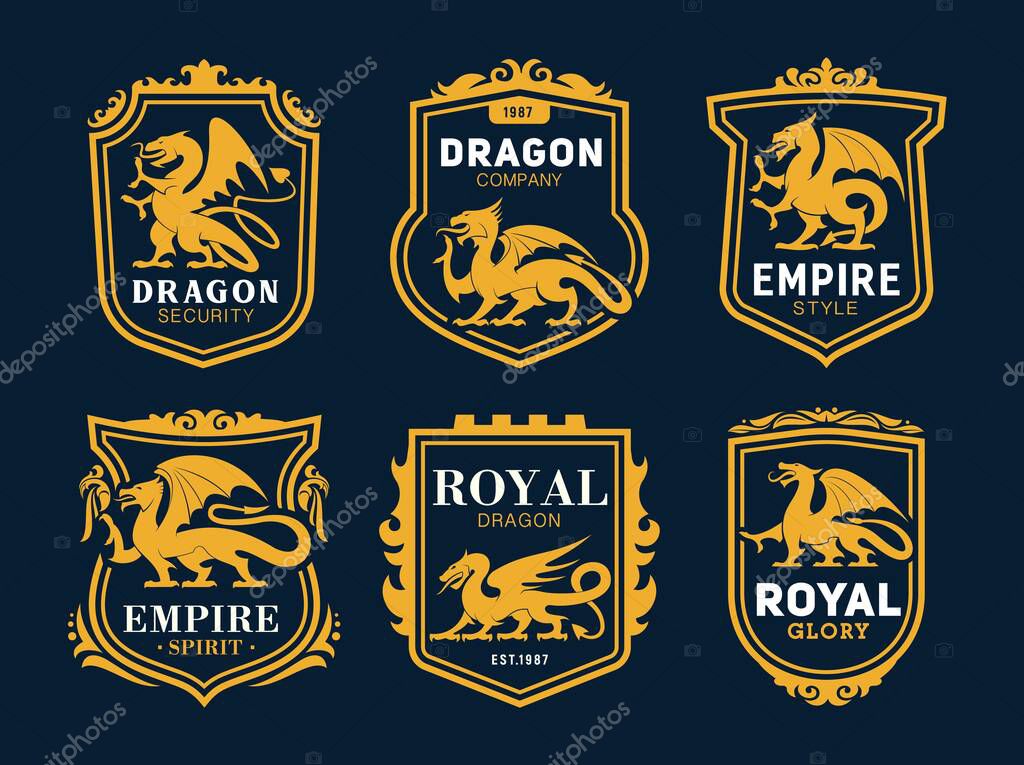 Royal heraldic icons with dragons, fairytale monsters. Coat of arms with golden dragons silhouettes, rearing winged mythological or fantasy animal. Company emblem in shield frame and ornate border