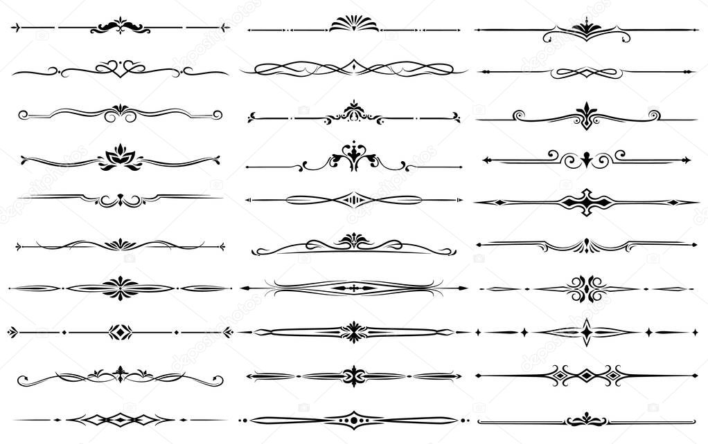 Ornamental dividers and floral borders set. Vintage brocades with curly geometric ornaments, graphic separator with flowers and arrows, frame decoration design element vector