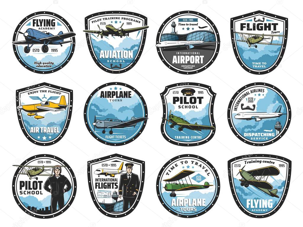 Flying academy, airplane tour and airline flight icons set. Airport dispatching service, pilot training center and air travel emblem or badge. Flying airliner and vintage propeller aircraft vector
