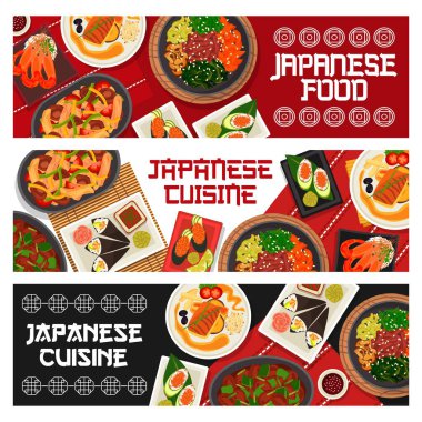 Japon mutfağı vektör gunkun sushi salatalık ya da havyar, sebze yahnisi ya da tavuk shiitake salatası. Soya soslu kızarmış levrek, baharatlı karides ve karides avokado temaki sushi Japon yemek afişleri.