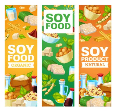 Soya fasulyesi ve soya ürünleri vektör pankartları. Miso ezmesi, soya sosu ve tofu peyniri, soya sütü ve yağı, un, et ve deri, tempeh ve fasulye. Asya mutfağı, vejetaryen ve vejetaryen beslenme